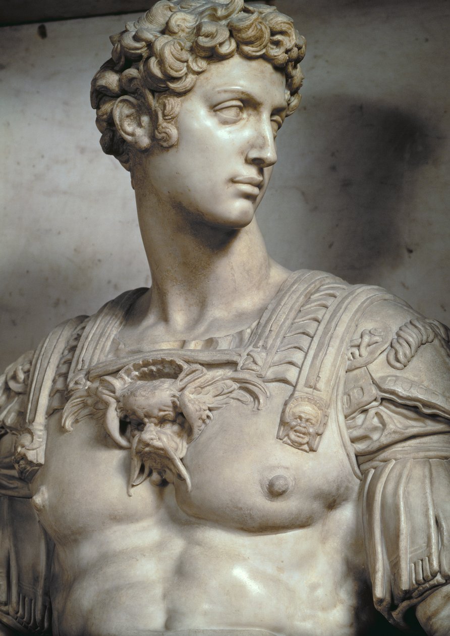 Giuliano de Medici, książę Nemours 1479-1516, fragment postaci z jego grobowca autorstwa Michała Anioła Buonarrotiego 1475-1564, 1533 marmurowy detal z 85089 i 52674 autorstwa Michelangelo Buonarroti