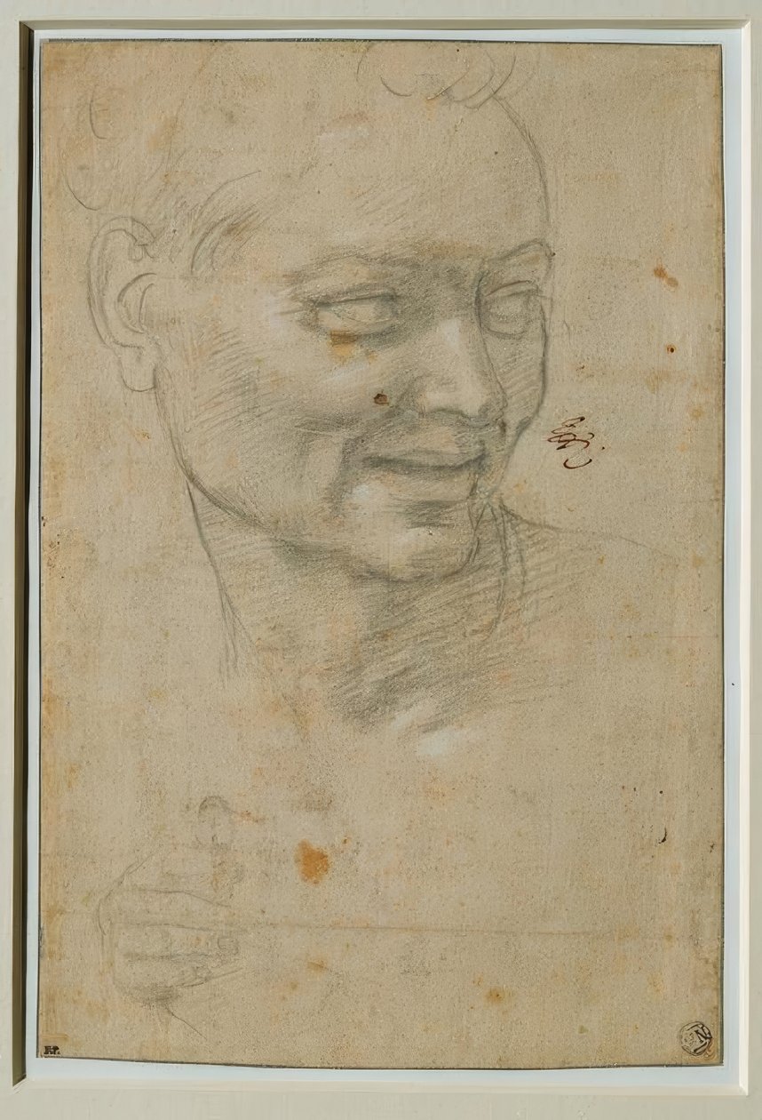 Głowa i prawa ręka Ignudo powyżej i na lewo od Izajasza autorstwa Michelangelo Buonarroti