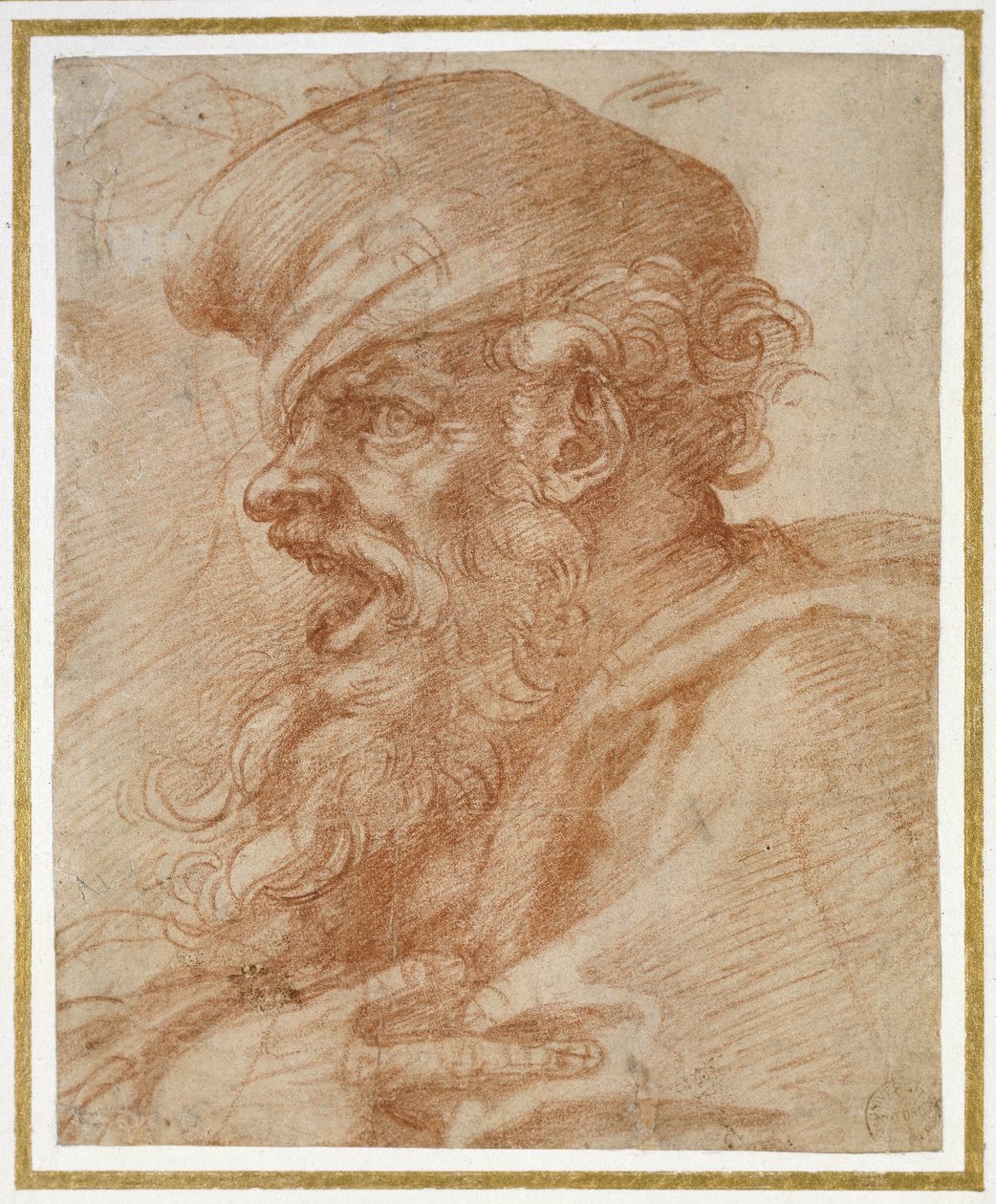 Głowa brodatego mężczyzny krzyczącego, ok. 1525 (czerwona kreda na papierze) autorstwa Michelangelo Buonarroti