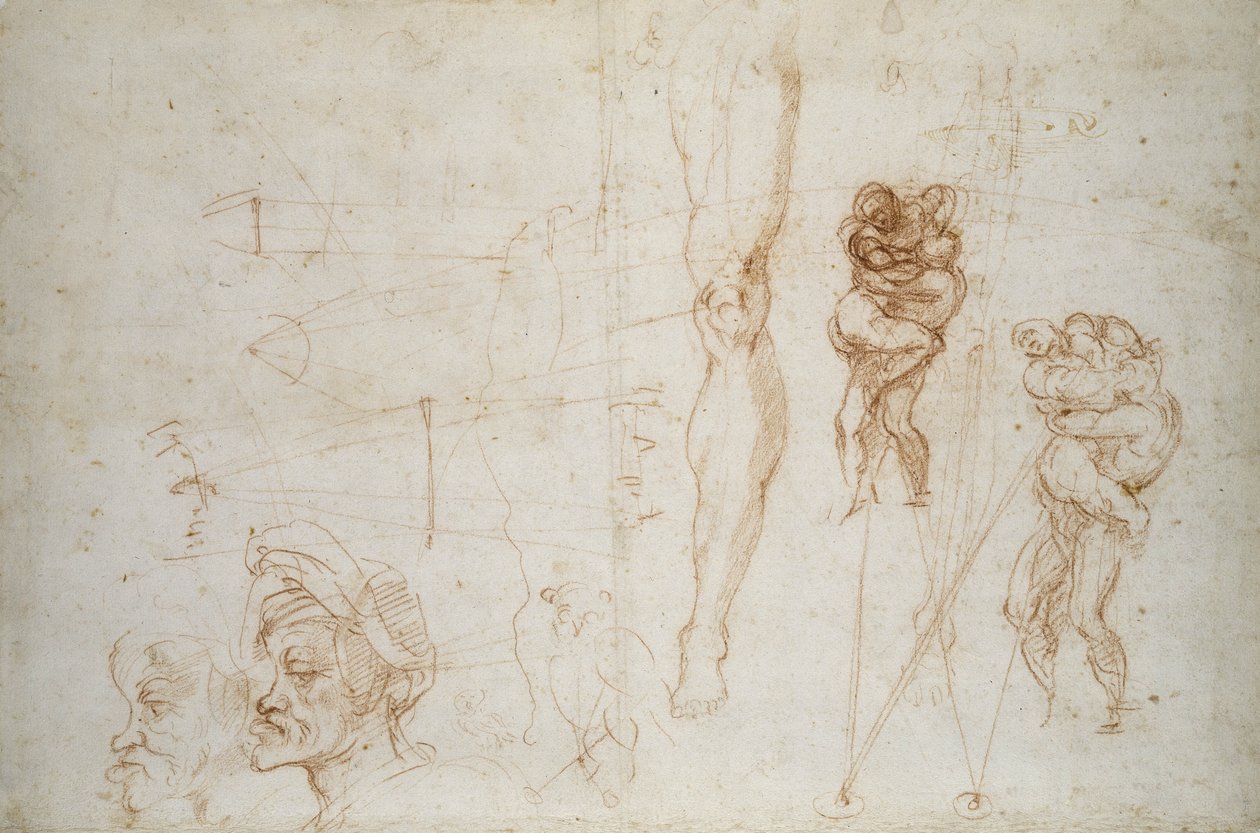 Hercules and Antaeus and other Studies, c.1525-28 (kreda na papierze) autorstwa Michelangelo Buonarroti