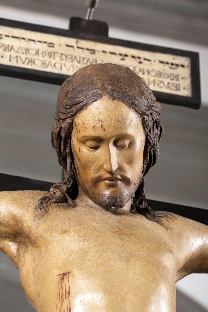 Krucyfiks Ducha Świętego, ok. 1493, autorstwa Michała Anioła (1475-1564), detal, rzeźba w drewnie polichromowanym, zakrystia Bazyliki Santo Spirito we Florencji - Krucyfiks. Renesansowa rzeźba Michała Anioła Buonarroti dit Michel Ange (Michelangelo lub Mic autorstwa Michelangelo Buonarroti