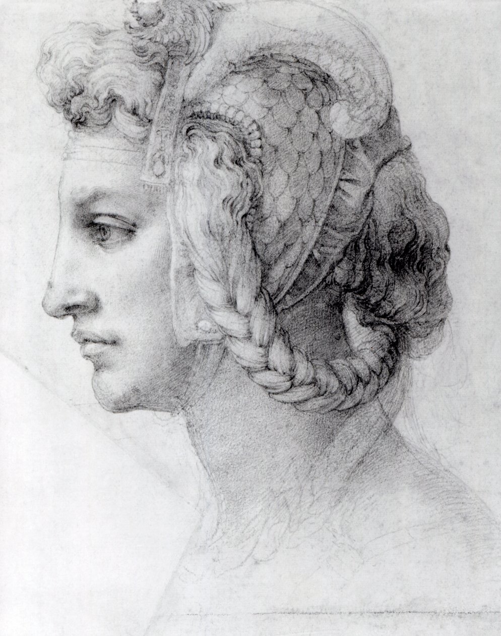 Idealna głowa kobiety, ok. 1525-28 (czarna kreda na papierze) autorstwa Michelangelo Buonarroti