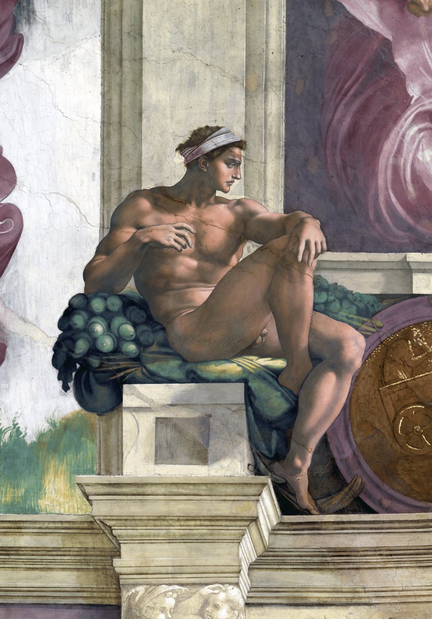 Ignudo (sufit Kaplicy Sykstyńskiej w Watykanie) autorstwa Michelangelo Buonarroti