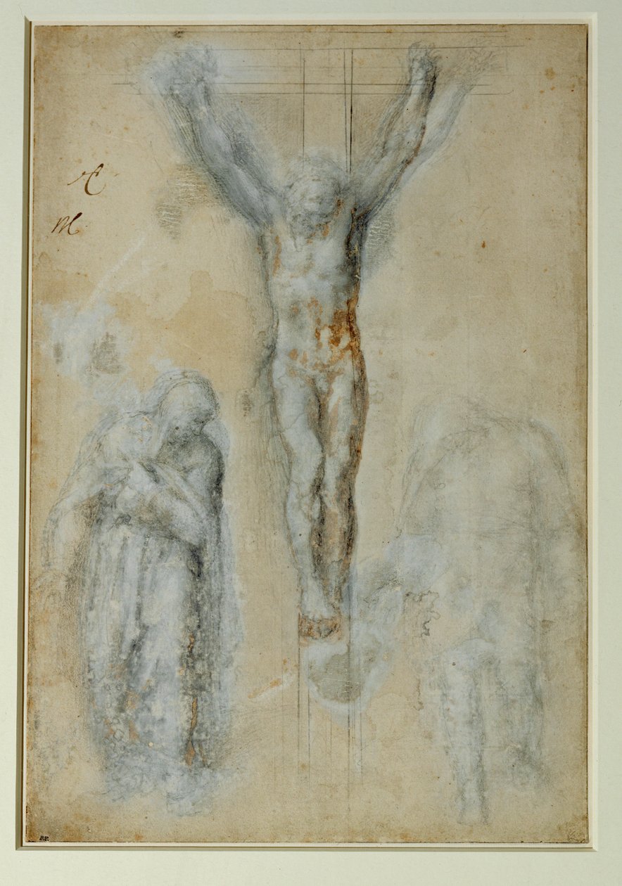 Chrystus na krzyżu między Matką Boską i świętym Janem, czarny kamień z brązowym ... autorstwa Michelangelo Buonarroti