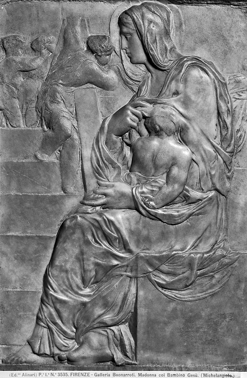 Madonna z Dzieciątkiem z Madonną della Scala (marmur) autorstwa Michelangelo Buonarroti
