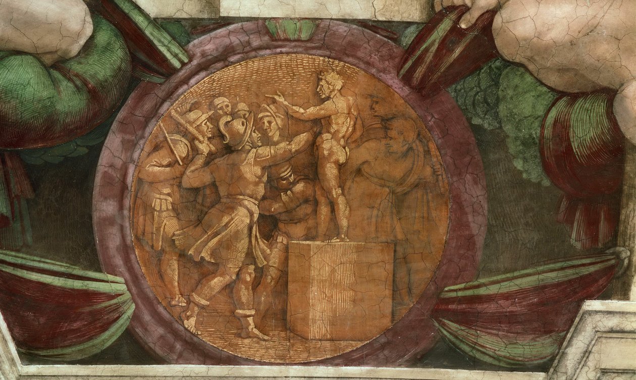 Medalion przedstawia Zniszczenie Posągu Boga Baala..., 1508-1512. autorstwa Michelangelo Buonarroti