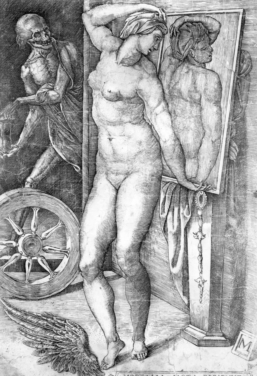 Akt patrzący na siebie w lustrze, nadruk wykonany przez Monogrammist autorstwa Michelangelo Buonarroti