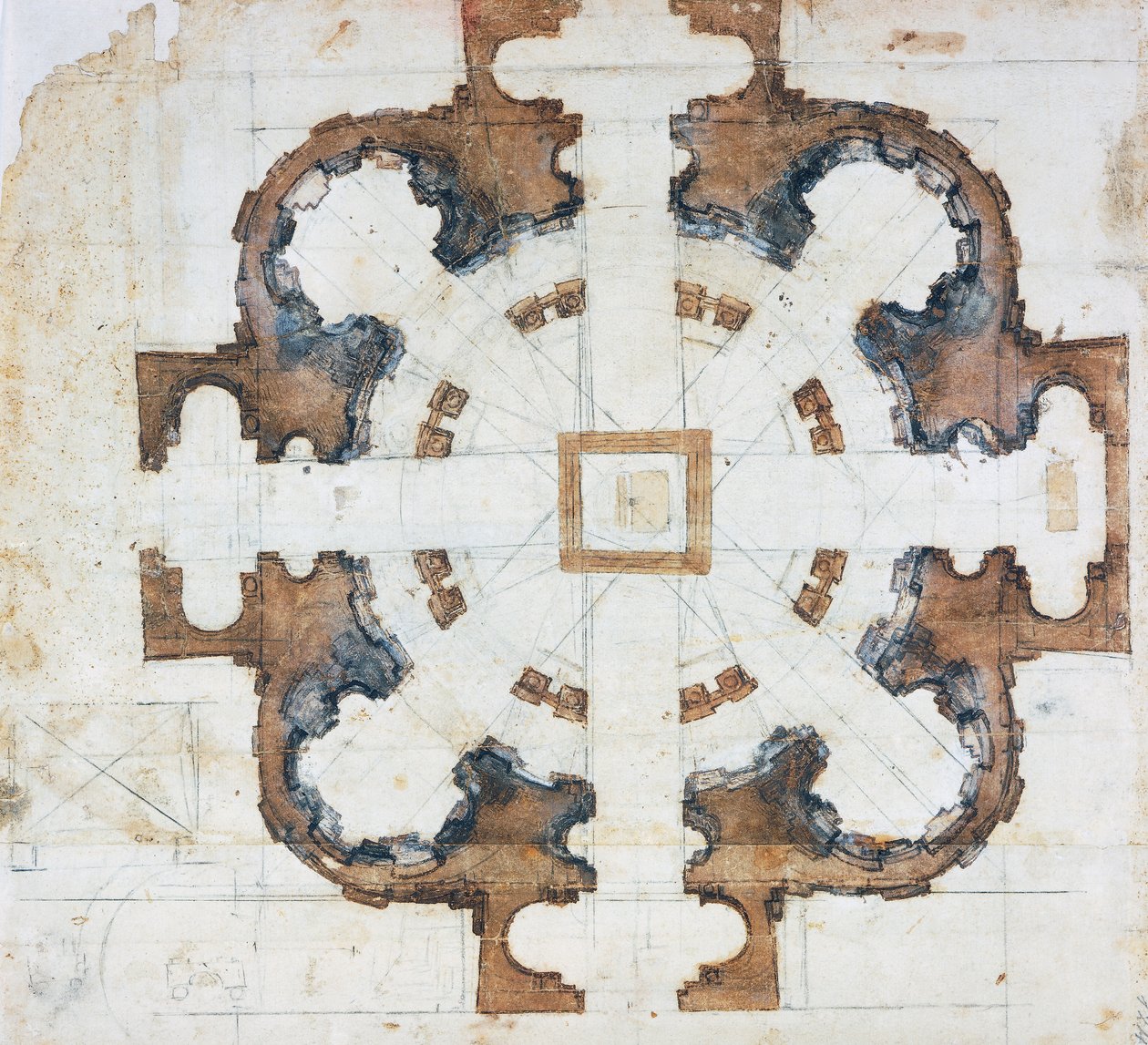 Plan bazyliki San Giovanni dei Fiorentini w Rzymie, ok. 1559, rys. Michał Anioł Buonarroti (1475-1564), Włochy autorstwa Michelangelo Buonarroti