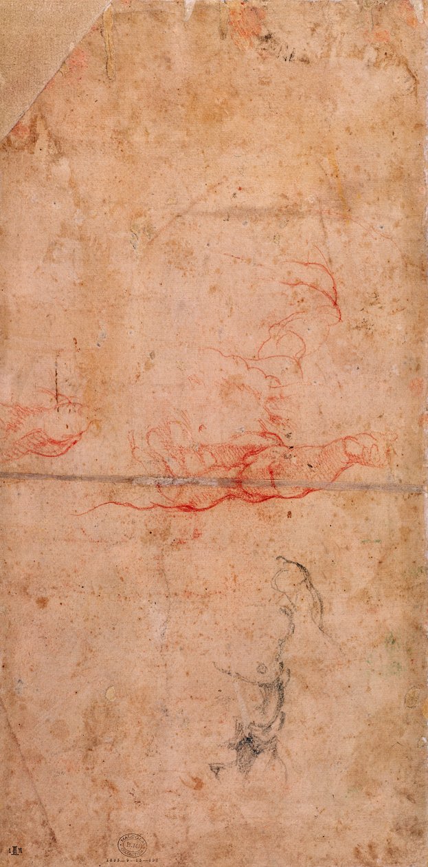 Studium przygotowawcze do ukarania Hamana (czerwona kreda i węgiel na papierze) (verso) autorstwa Michelangelo Buonarroti