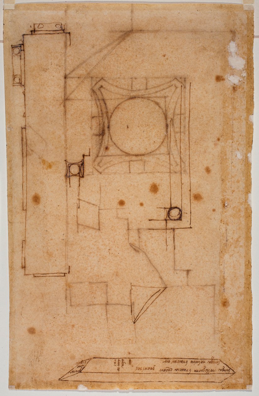 Przekrój kapitału, plan fasady i szkice z autografami pomiarów autorstwa Michelangelo Buonarroti