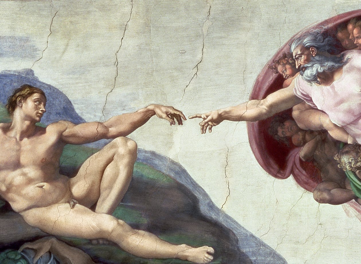 Sufit Kaplicy Sykstyńskiej: Stworzenie Adama, fragment wyciągniętych ramion, fresk z 1510 r. po renowacji autorstwa Michelangelo Buonarroti