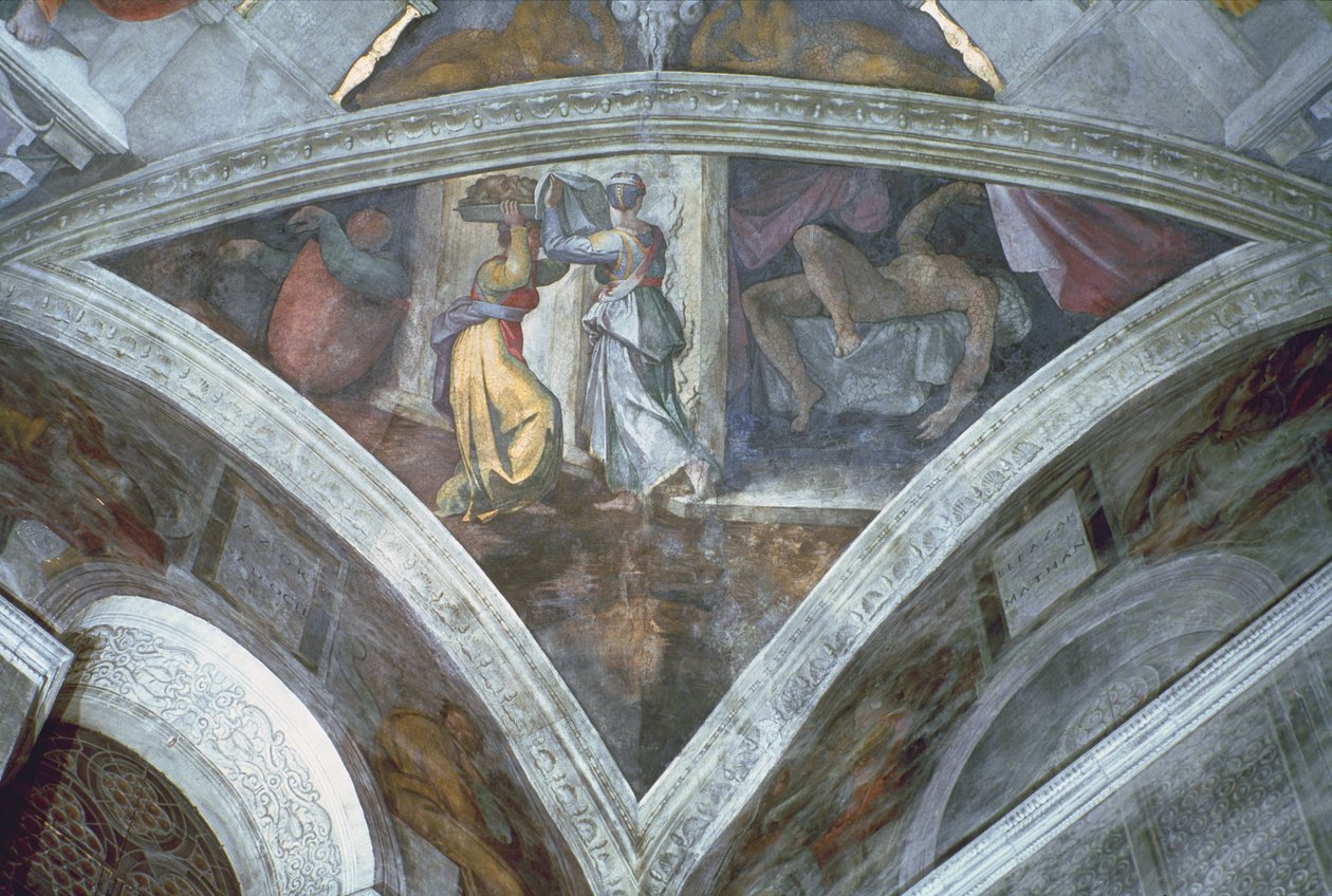 Sufit Kaplicy Sykstyńskiej: Judith niosąca głowę Holofernesa (spandrel) (przed renowacją) autorstwa Michelangelo Buonarroti