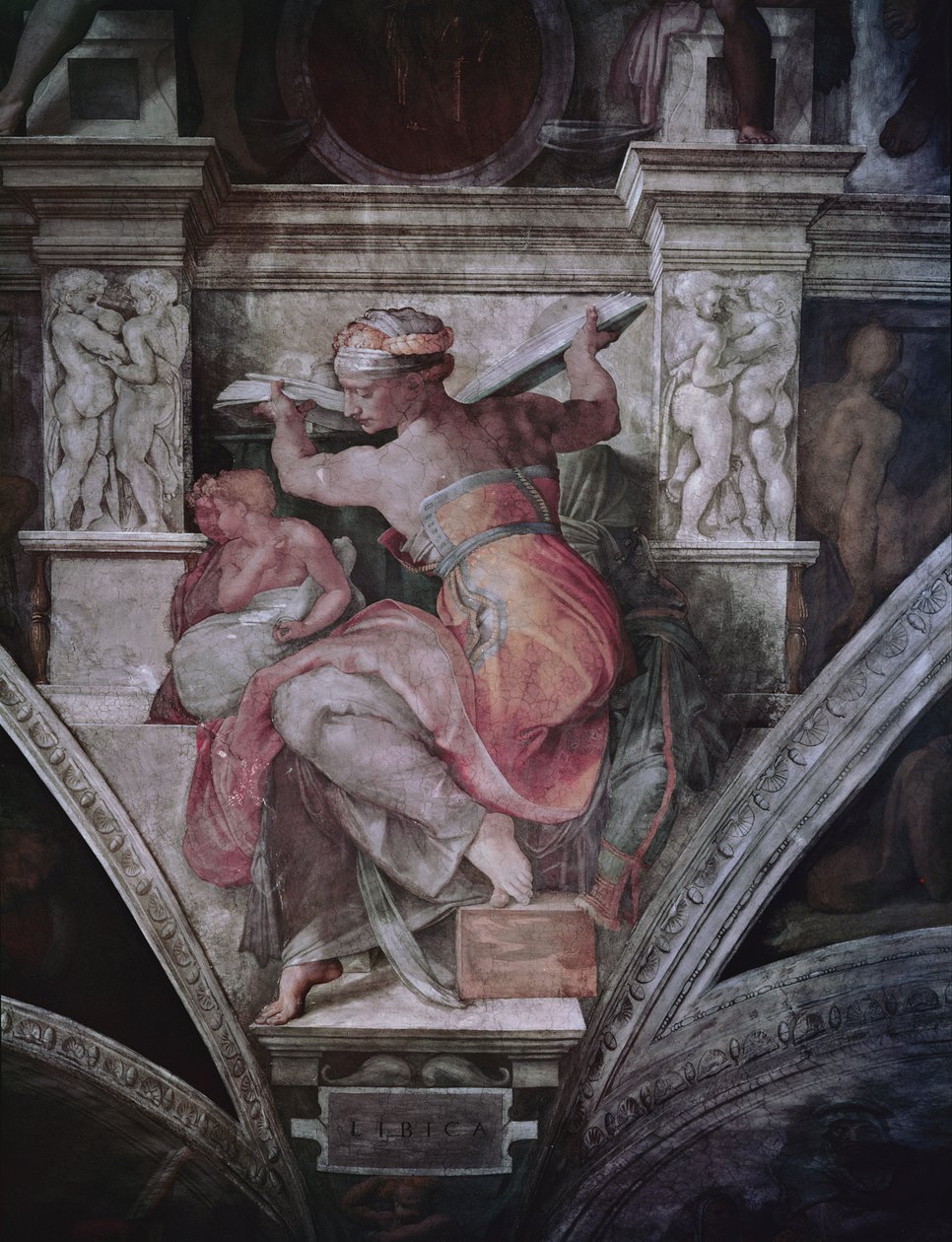 Sufit Kaplicy Sykstyńskiej: libijska Sybilla, ok. 1508-10 (przed renowacją) autorstwa Michelangelo Buonarroti