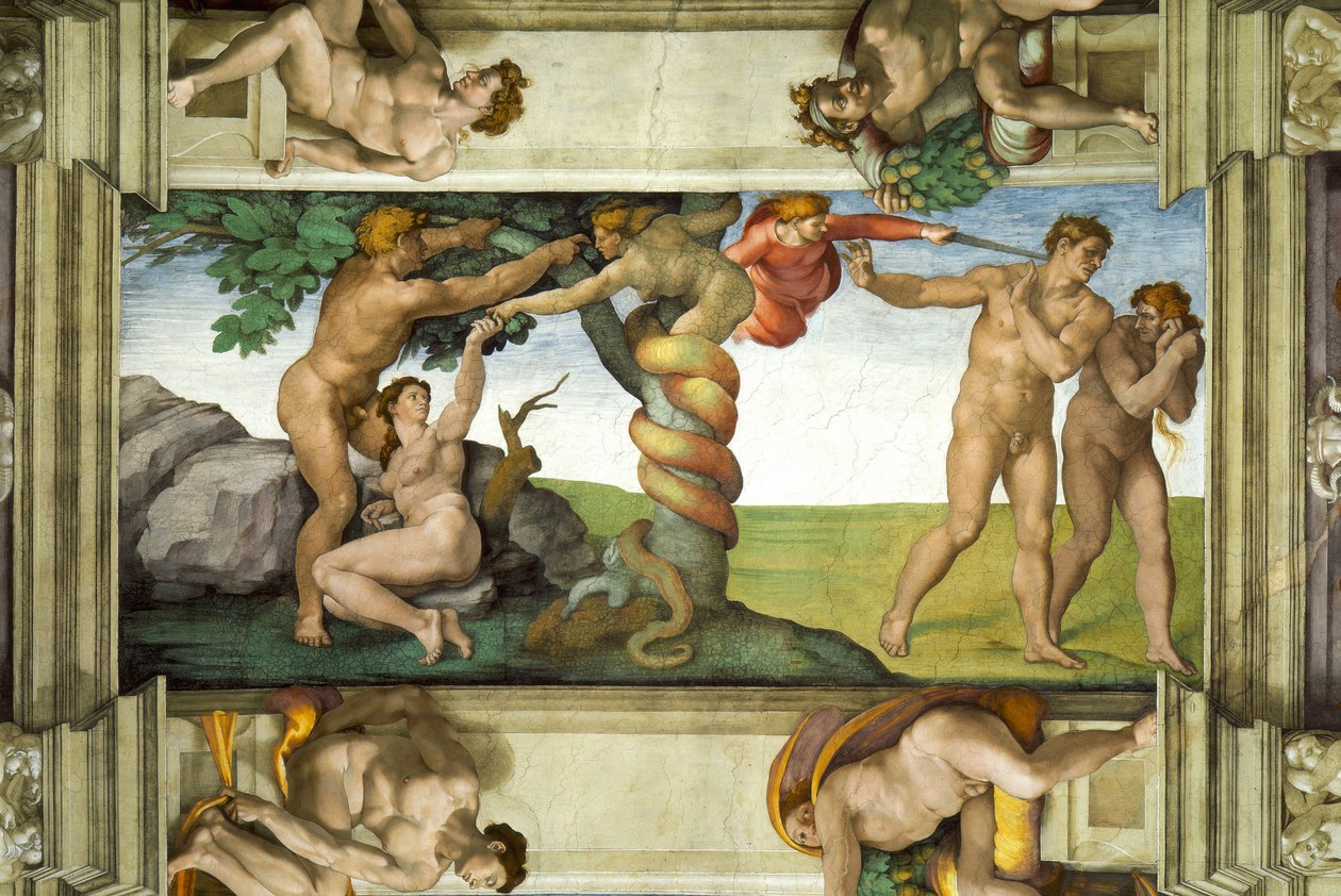 Sufit Kaplicy Sykstyńskiej: Upadek człowieka i wygnanie z Ogrodu Eden, z czterema Ignudi autorstwa Michelangelo Buonarroti