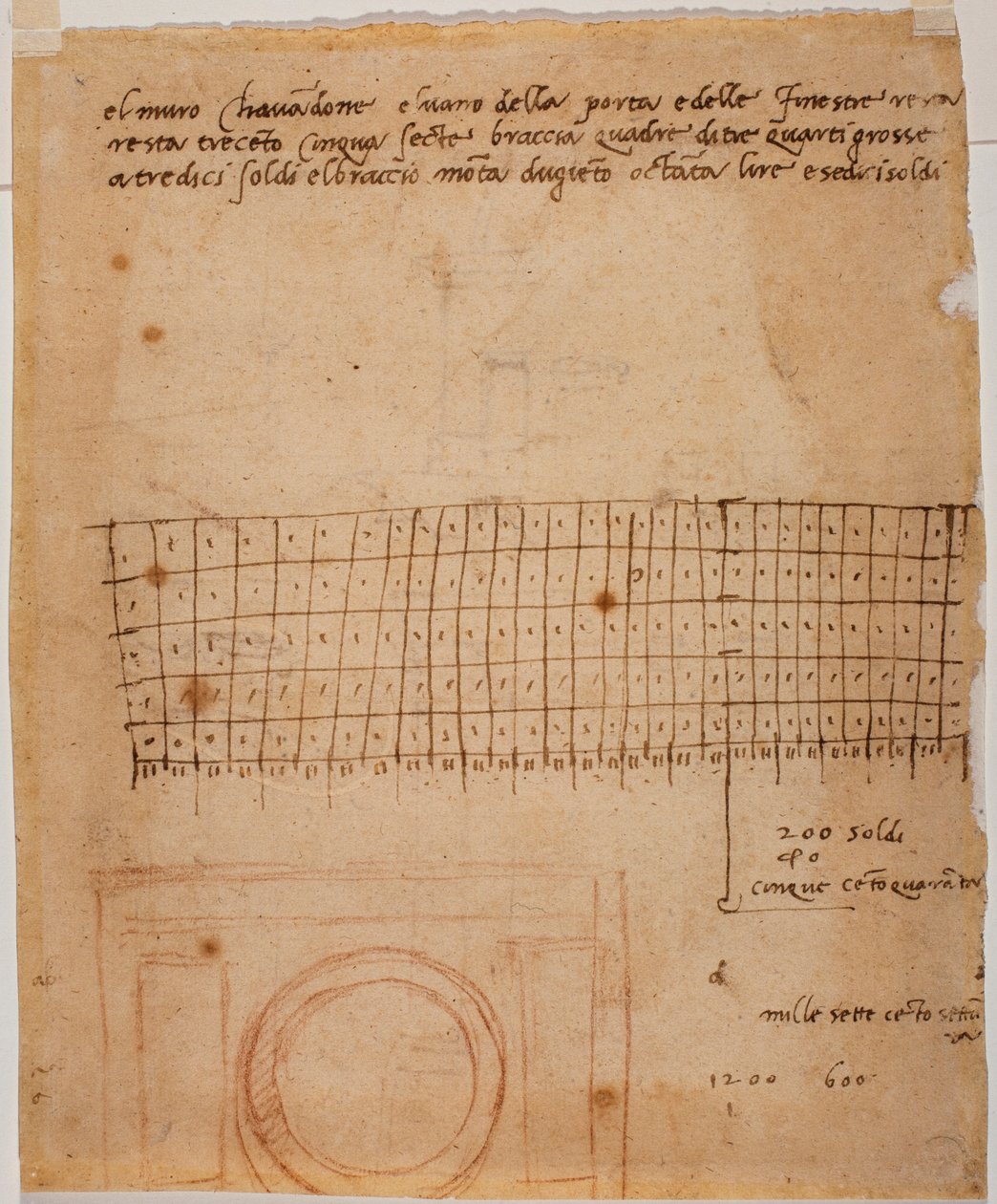 Szkic okna, adnotacje autografu i obliczenia graficzne autorstwa Michelangelo Buonarroti