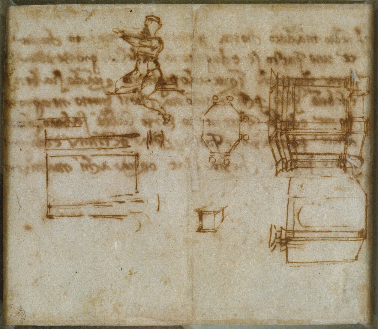 Drobne szkice architektury i małe studium postaci, koniec XV-początek XVI wieku autorstwa Michelangelo Buonarroti