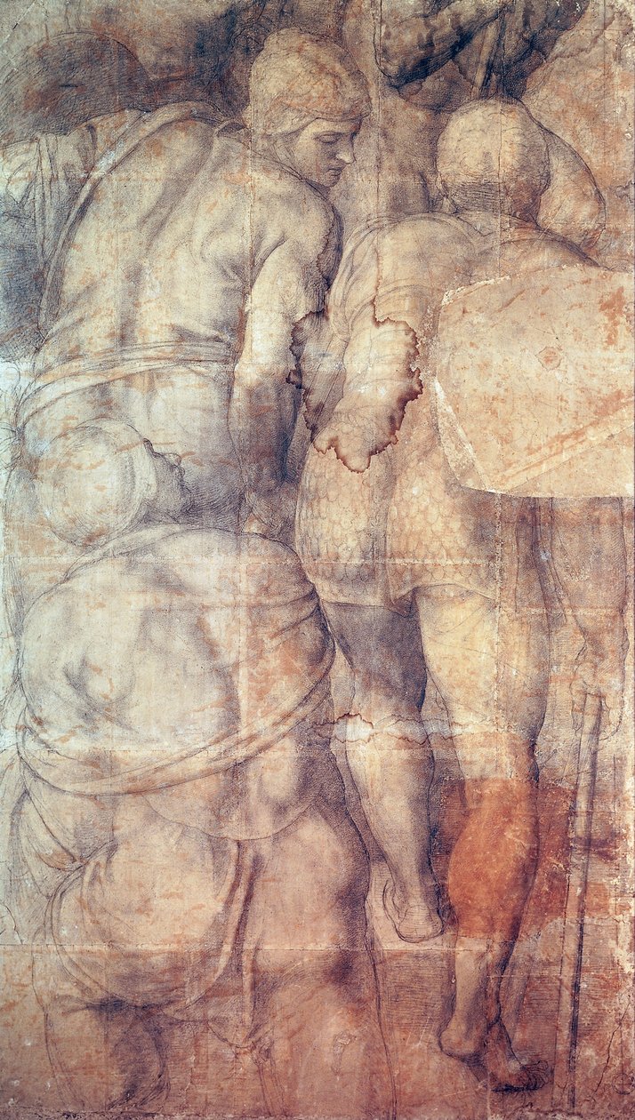 Żołnierze Michała Anioła (1475-1564), rysunek przygotowawczy (podmalowanie) do fresku Ukrzyżowanie św. Piotra wykonanego w Kaplicy Paulinów w Pałacu Watykańskim autorstwa Michelangelo Buonarroti