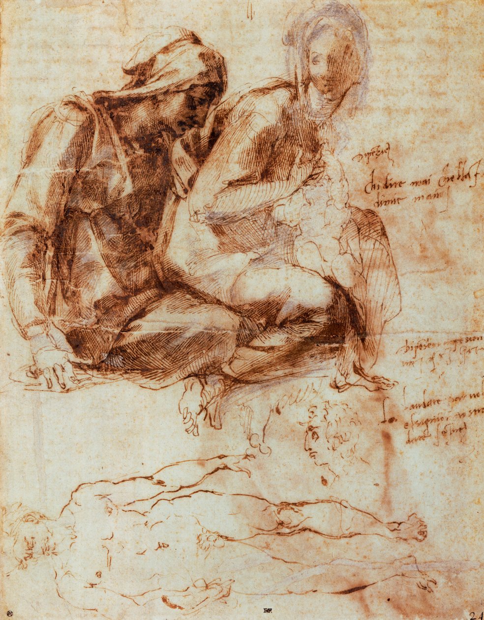Św. Anna i Madonna z Dzieciątkiem, Michał Anioł (1475-1564), rysunek autorstwa Michelangelo Buonarroti