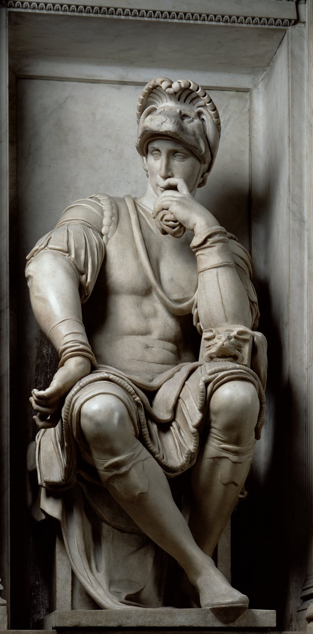 Posąg Wawrzyńca Medyceusza (1449-92) z grobowca Wawrzyńca Medyceusza, 1520-24 (marmur) autorstwa Michelangelo Buonarroti