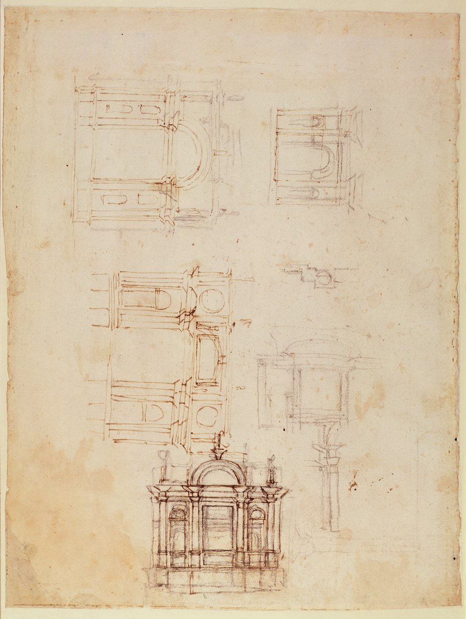 Studia do kompozycji architektonicznej w formie łuku triumfalnego, ok. 1516 (czarna kreda z piórem i brązowym tuszem na papierze) (recto) (verso patrz 191776) autorstwa Michelangelo Buonarroti