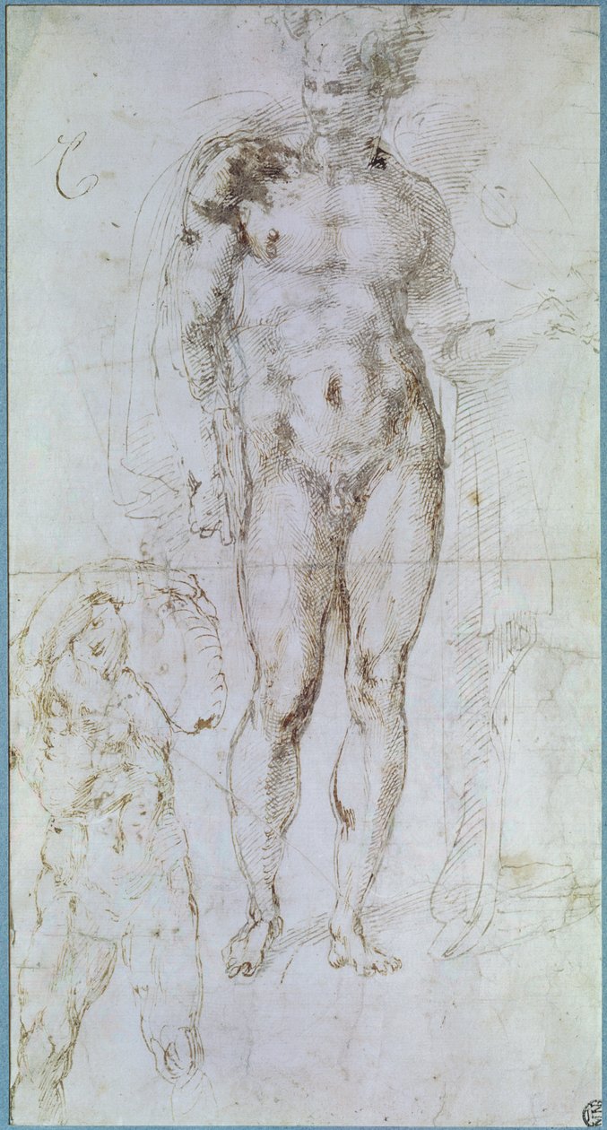 Studium dla Apolla (dawniej Merkurego) stojącego nago z płaszczem narzuconym na ramiona i postacią mężczyzny niosącego ciężar autorstwa Michelangelo Buonarroti