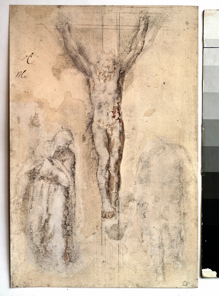 Studium ukrzyżowania Reprezentacja Chrystusa na krzyżu z Dziewicą i św. Janem. Rysunek Michała Anioła Buonarrotiego dit Michelangelo (Michelangelo lub Michel Ange autorstwa Michelangelo Buonarroti