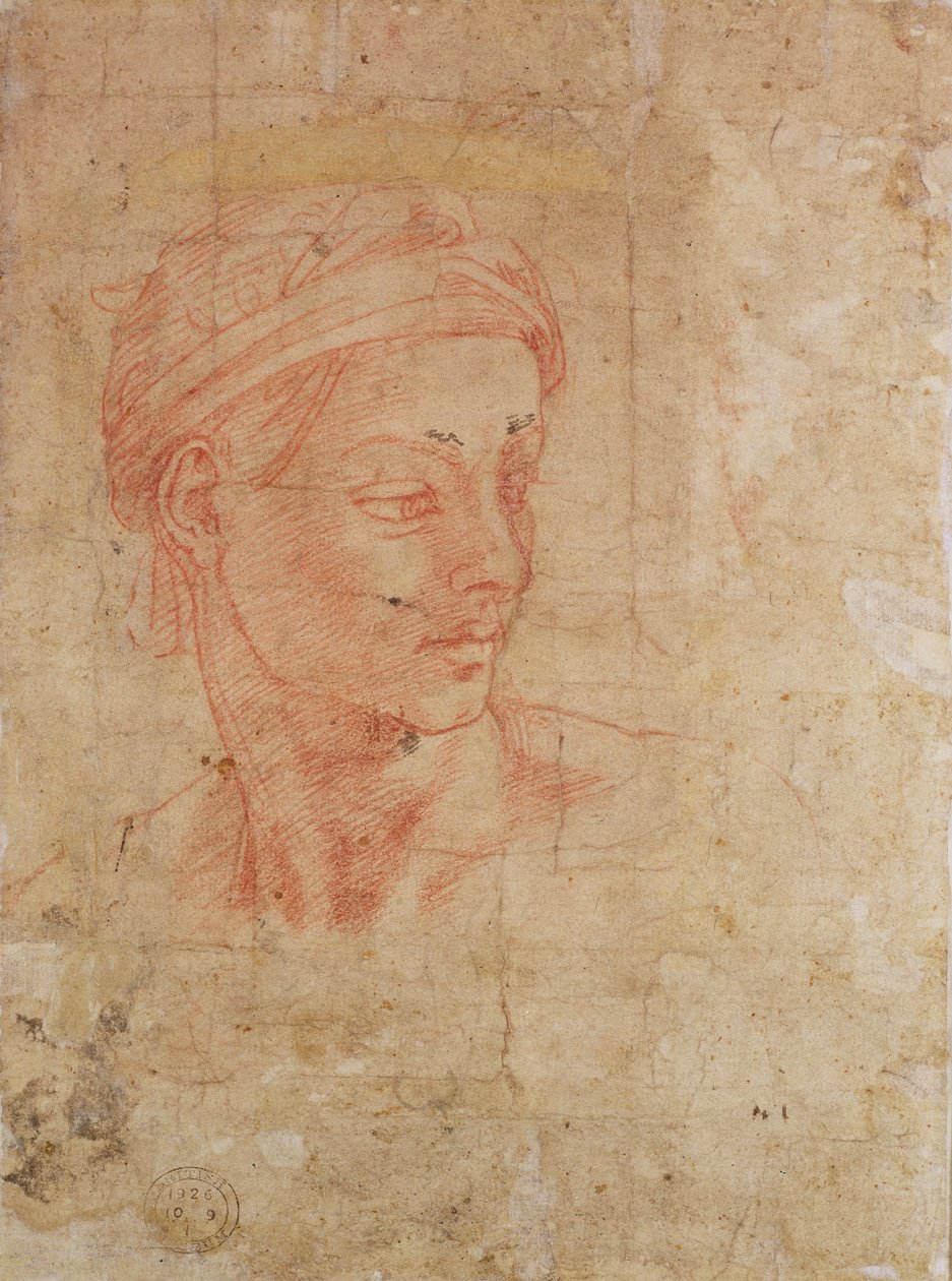 Studium głowy (czerwona kreda na papierze) autorstwa Michelangelo Buonarroti