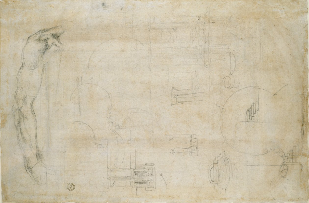 Studium ramienia mężczyzny i kilka szkiców architektonicznych, c1490-1560 autorstwa Michelangelo Buonarroti