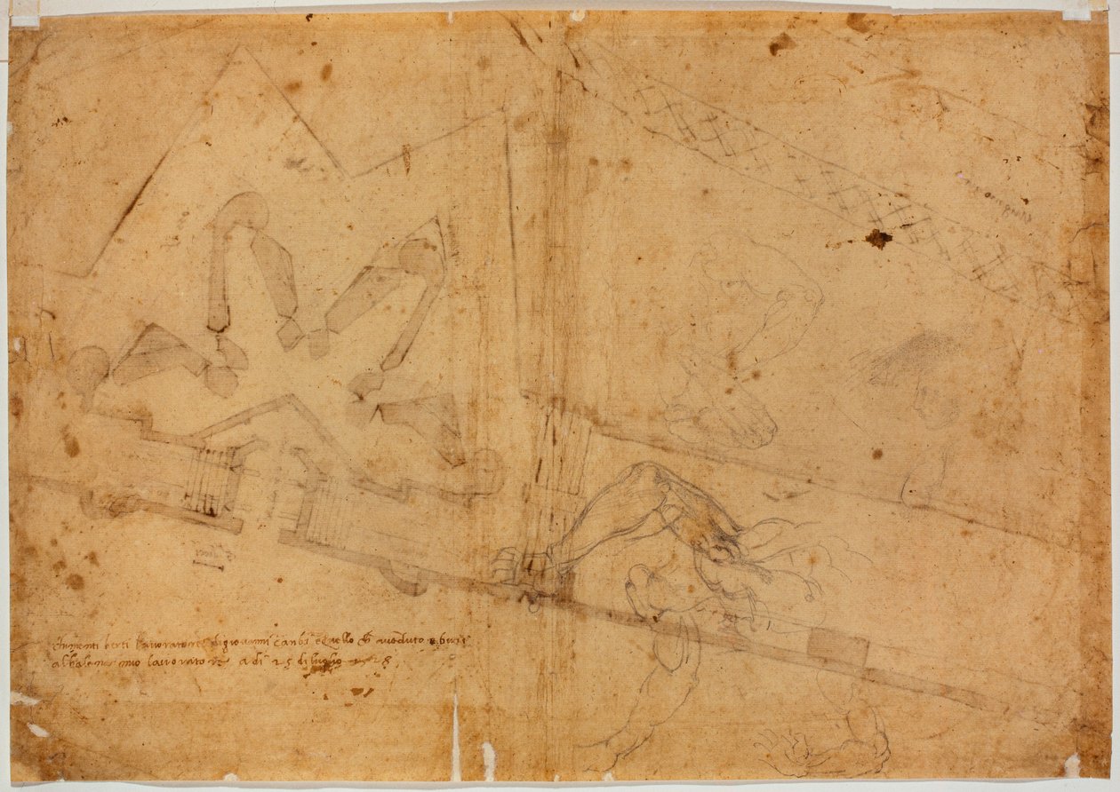 Studium postaci wykonane inną ręką i odręczny napis autorstwa Michelangelo Buonarroti