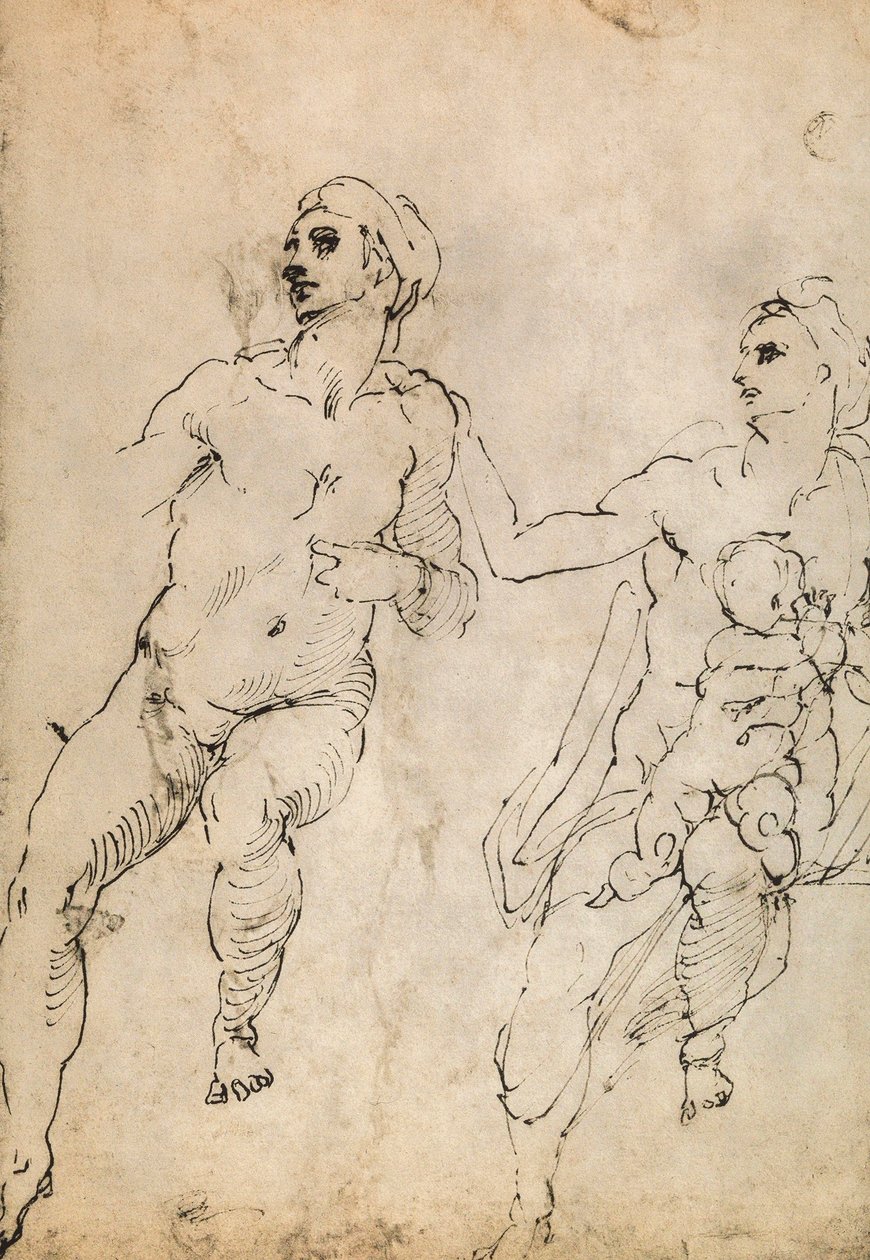 Studium niektórych nagich postaci; rysunek Michała Anioła. Luwr, Paryż autorstwa Michelangelo Buonarroti