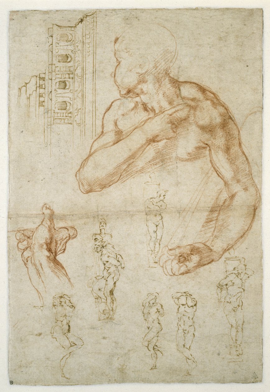 Studium postaci asystującej Sybilli libijskiej, ok. 1512 (czerwona kreda i długopis na papierze) autorstwa Michelangelo Buonarroti