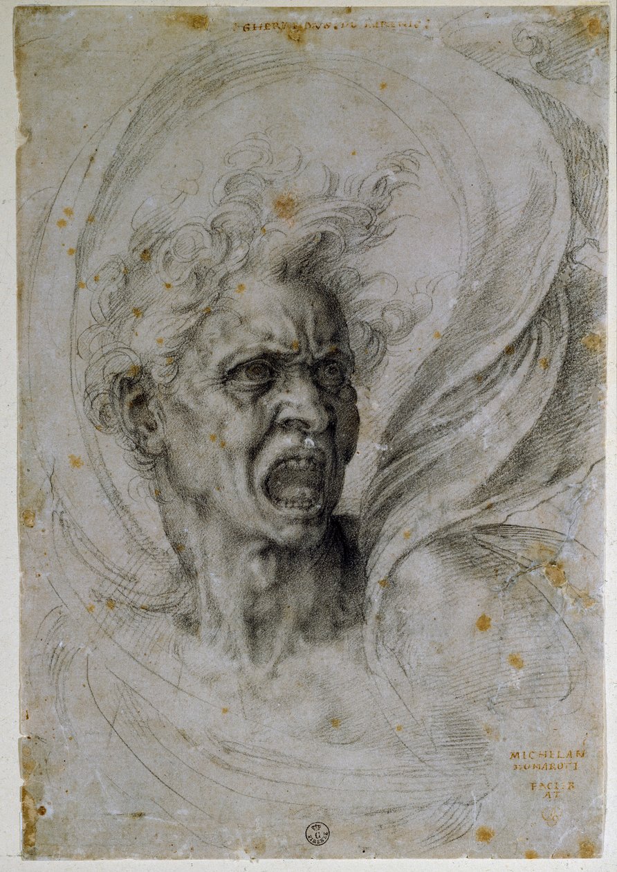 Studiowanie głowy krzyczącego mężczyzny. Rysunek Michała Anioła Buonarrotiego (1475-1564). Florencja, Muzeum Uffizi (Florencja, projekt gabinetu i znaczki Uffizi). autorstwa Michelangelo Buonarroti