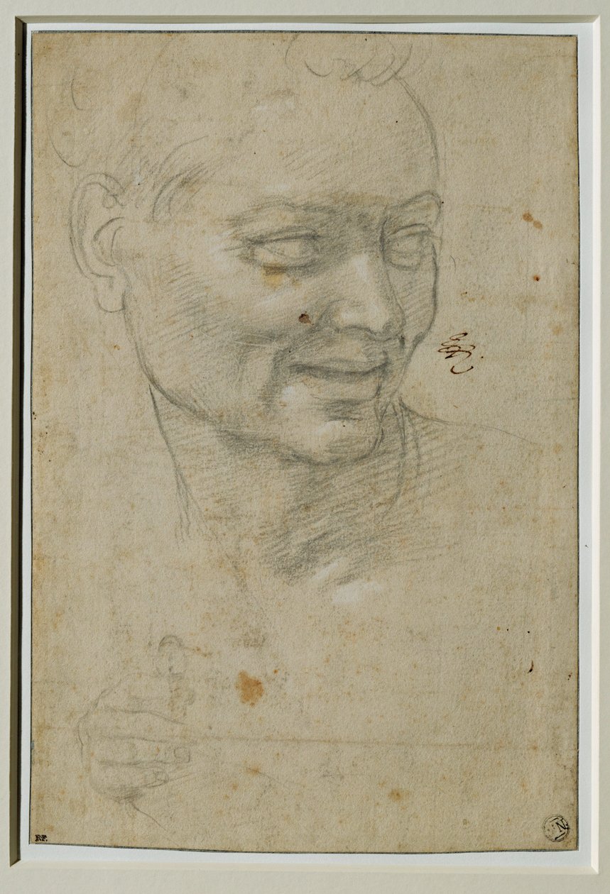 Głowa i prawa ręka ignudo powyżej i po lewej stronie Izajasza, na sklepieniu Capella Sistina ... autorstwa Michelangelo Buonarroti