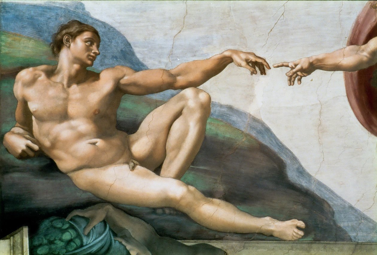 Stworzenie Adama. Szczegółowo sufit Kaplicy Sykstyńskiej w Watykanie, 1508-1512. autorstwa Michelangelo Buonarroti