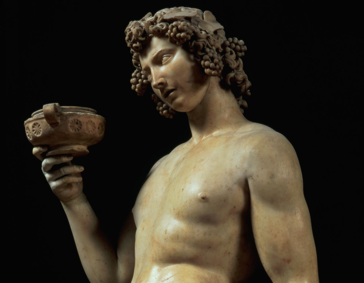 Pijaństwo Bachusa, fragment jego głowy, rzeźba Michała Anioła Buonarrotiego 1475-1564, 1496-97 fragment marmurowy z 52672 autorstwa Michelangelo Buonarroti
