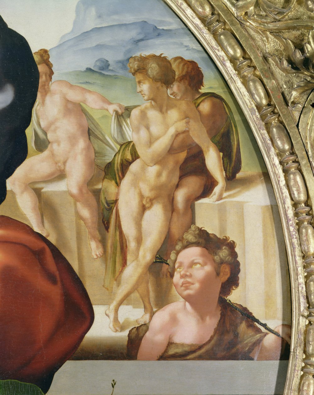 Święta Rodzina ze św. Janem (Doni Tondo) z nagimi postaciami w tle autorstwa Michelangelo Buonarroti