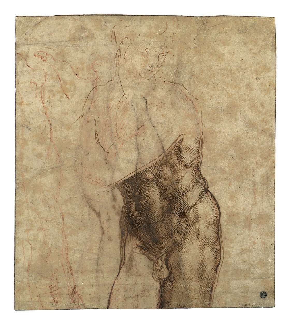 Zmartwychwstały Chrystus, nago o długości trzech czwartych, patrząc w dół w prawo autorstwa Michelangelo Buonarroti