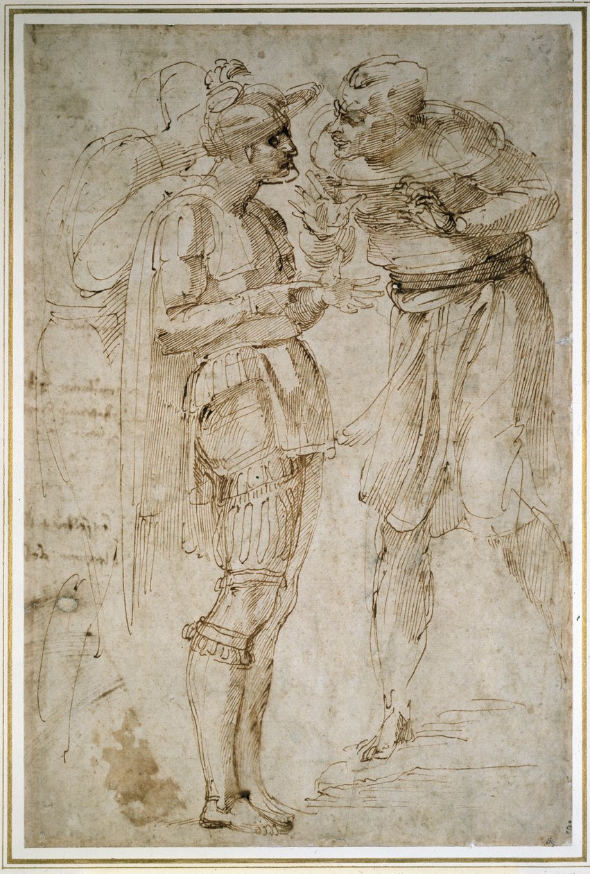 Trzej mężczyźni w rozmowie (pióro i brązowy atrament na papierze) autorstwa Michelangelo Buonarroti