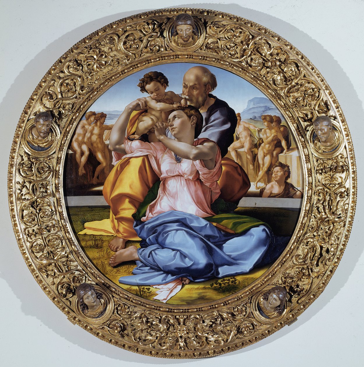 Tondo Doni: Święta Rodzina z Dzieciątkiem Św. Janem Chrzcicielem - olej na panelu autorstwa Michelangelo Buonarroti