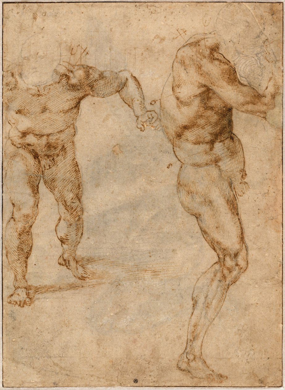 Dwa nagie studia mężczyzny szturmującego naprzód i kolejny zwrot w prawo, c. 1504 autorstwa Michelangelo Buonarroti