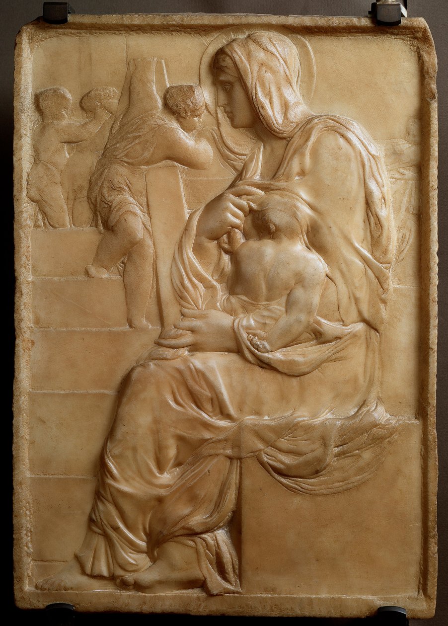 Dziewica na schodach (Madonna della Scala) Niska marmurowa płaskorzeźba autorstwa Michelangelo Buonarroti dit Michel Ange (Michelangelo lub Michelangelo autorstwa Michelangelo Buonarroti