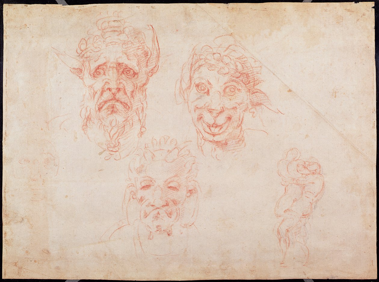 W.33 Szkice twarzy satyrów (czerwona kreda na papierze) autorstwa Michelangelo Buonarroti