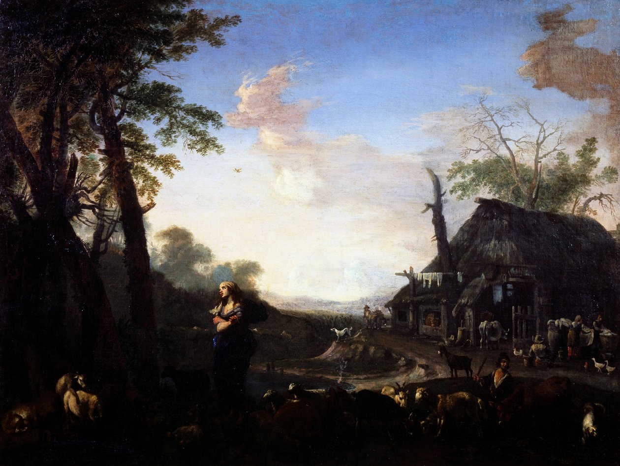 Erminia wśród pasterzy, autorstwa Michelangelo Cerquozzi zwanego Michelangelo delle Battaglie(1602-1660), olej na płótnie, 75x97 cm. autorstwa Michelangelo Cerquozzi