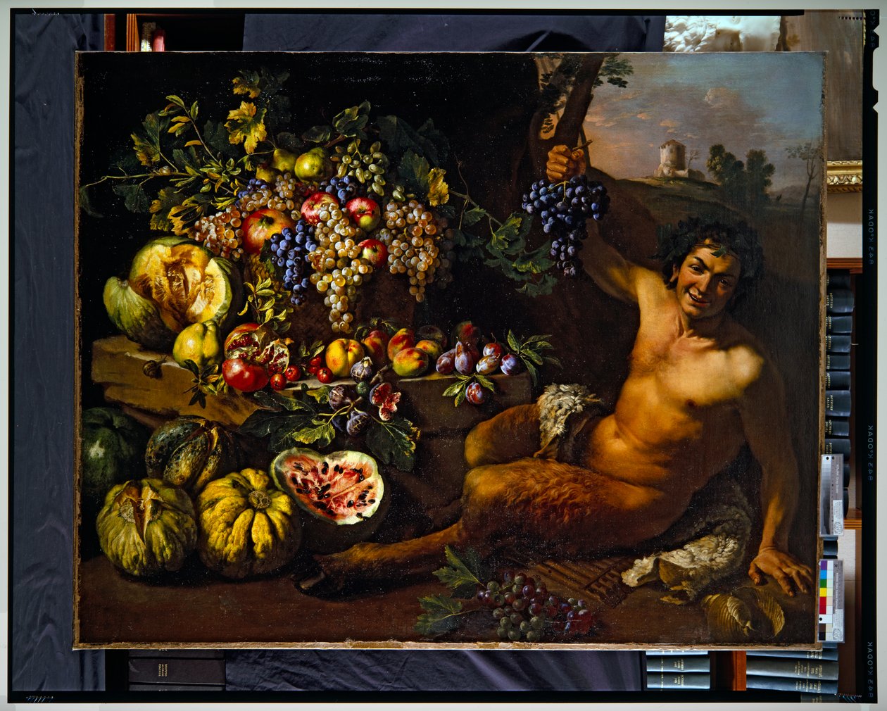 Martwa natura z satyrem w pejzażu (płótno) autorstwa Michelangelo Cerquozzi