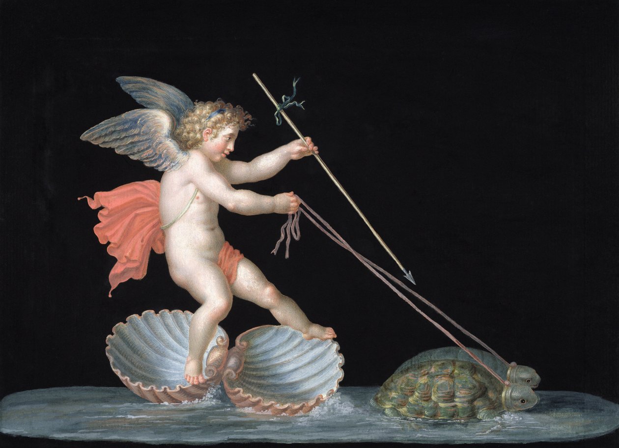 Kupidyn prowadzony przez żółwie (olej na desce) autorstwa Michelangelo Maestri
