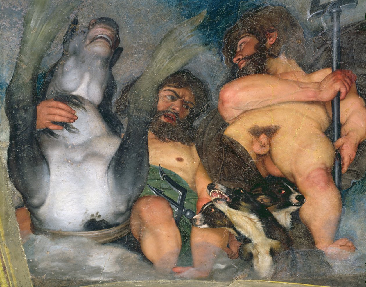 Alegoria Żywiołów, Wszechświata i Znaków Zodiaku, fragment Neptuna i Trytona z trójgłowym psem Cerberem, 1597 olej na gipsie detal z 107109 autorstwa Michelangelo Merisi Caravaggio