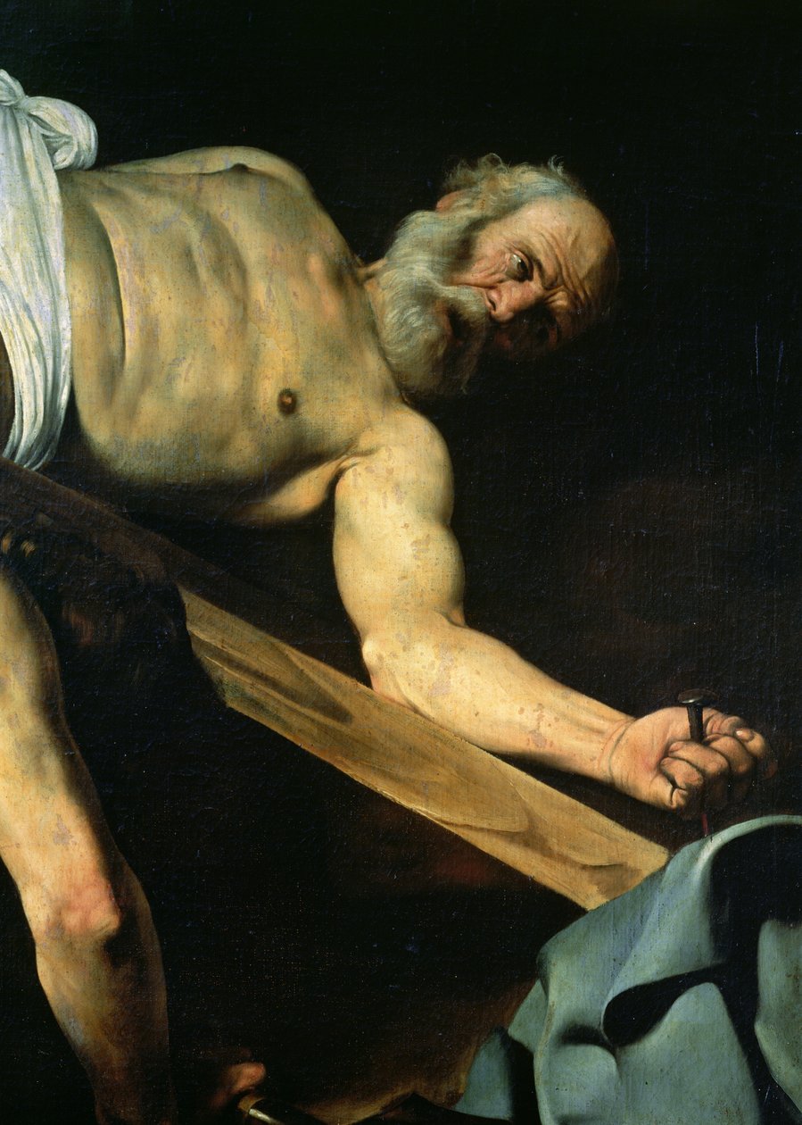 Ukrzyżowanie św. Piotra, fragment św. Piotra, 1600-01 autorstwa Michelangelo Merisi Caravaggio