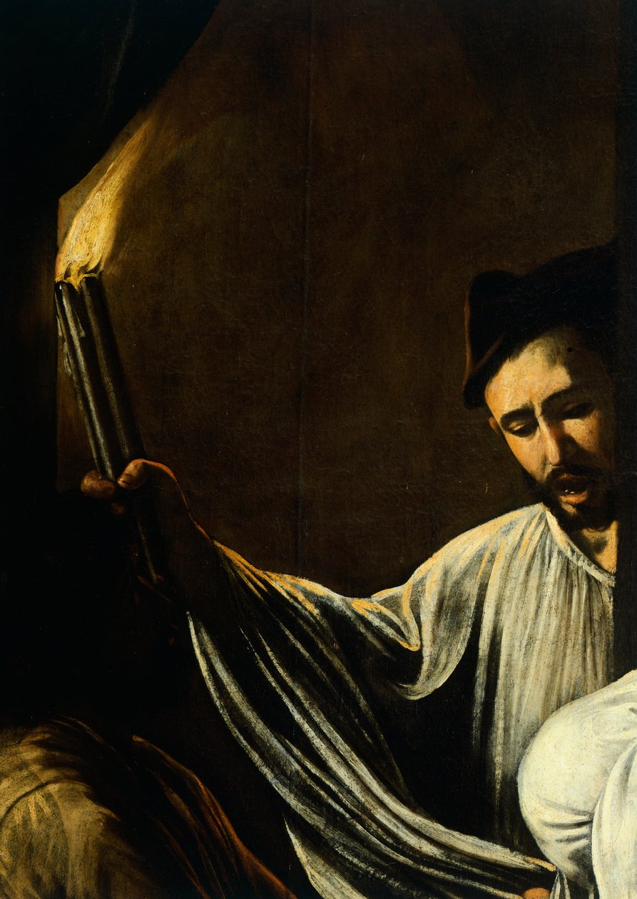 Mężczyzna trzymający pochodnię i grzebiący zmarłego, fragment z Matki Bożej Miłosierdzia lub Siedem Aktów Miłosierdzia, ok. 1606-07 (olej na płótnie) autorstwa Michelangelo Merisi da Caravaggio