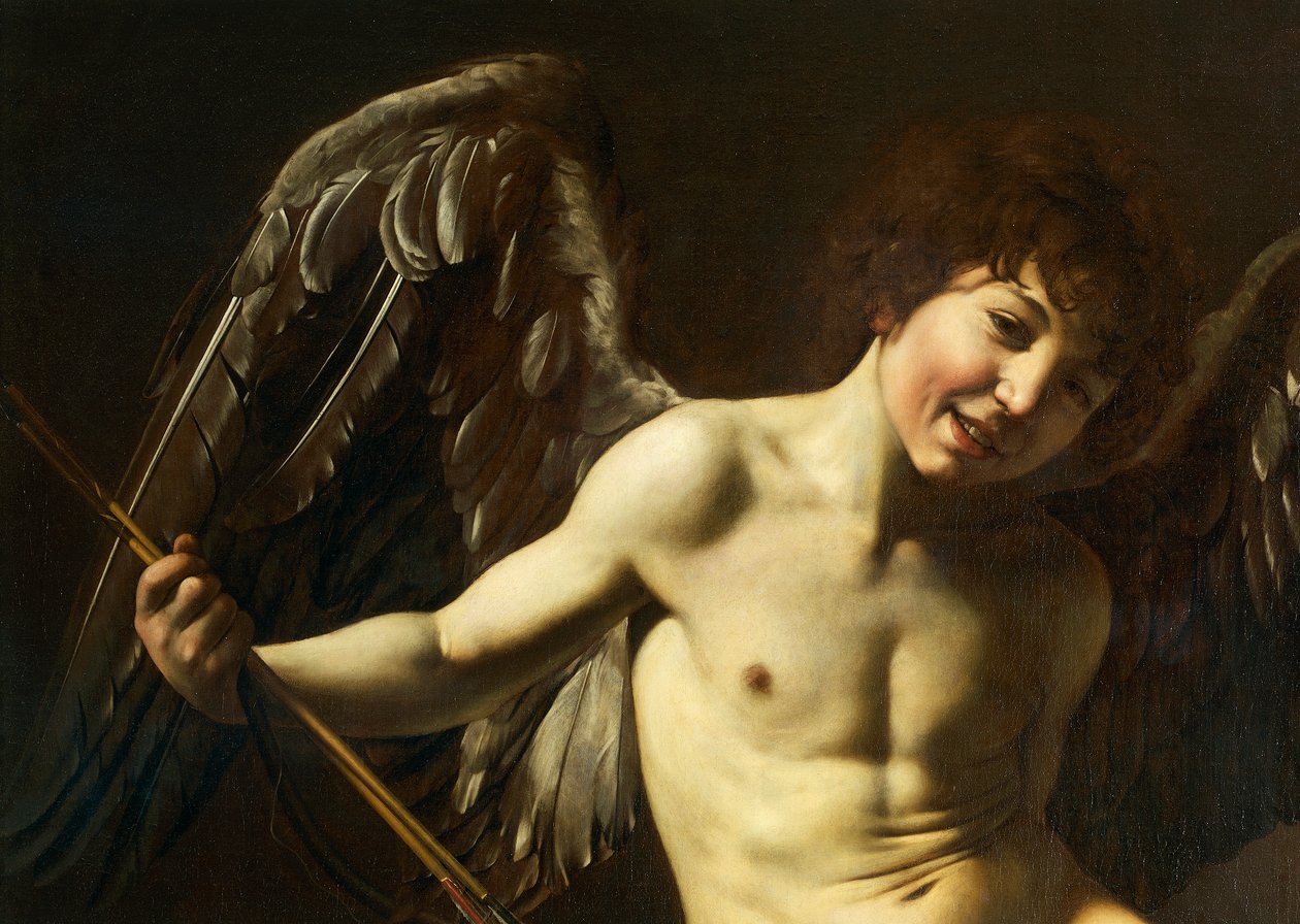 Kupidyn, fragment z Amor Victorious, ok. 1602 (olej na płótnie) autorstwa Michelangelo Merisi da Caravaggio