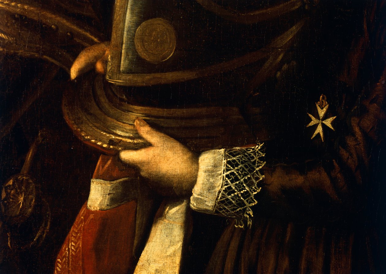 Szczegół portretu Alof de Wignacourt z jego stroną autorstwa Michelangelo Merisi da Caravaggio
